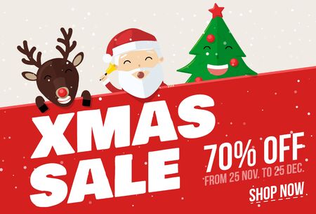 santa claus boxes gift banner place for text deer Christmas treeのイラスト素材