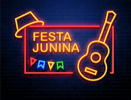 festa junina background holiday place for text neon sign isolated on brick wallのイラスト素材