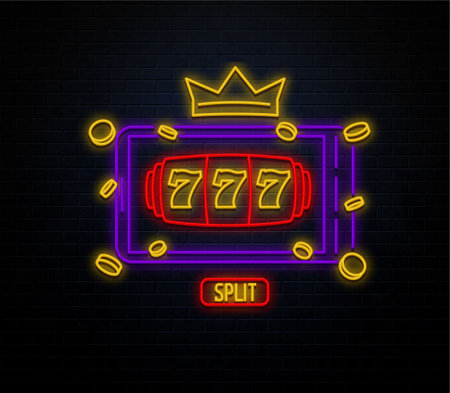 neon casino sign isolated on black brick wall slotsのイラスト素材
