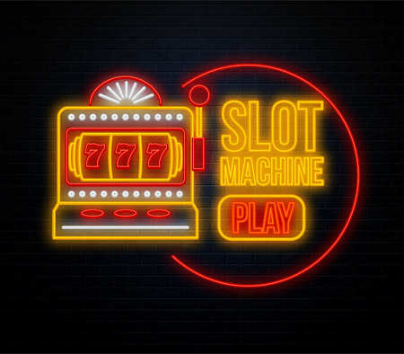 neon casino sign isolated on black brick wall slotsのイラスト素材