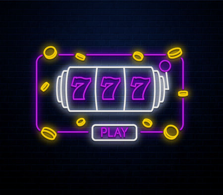 neon casino sign isolated on black brick wall slotsのイラスト素材