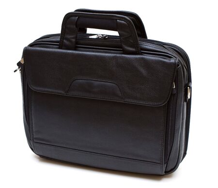 Black leather computer bag isolated on white backgroundの写真素材