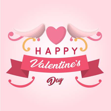 Happy Valentine's Day Ribbon Wing Heart Pink blackground Vector Imageのイラスト素材