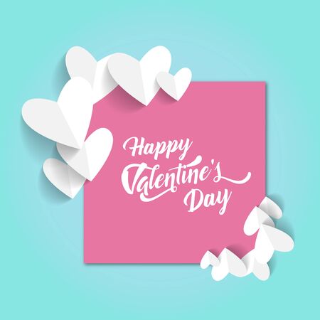 Happy Valentines Day in pink paper White Heart Blue Background Vector Imageのイラスト素材