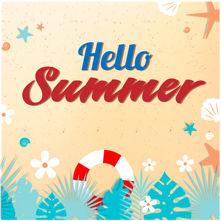 Hello Summer Sand Starfish Life Ring Shell Background Vector Imageのイラスト素材