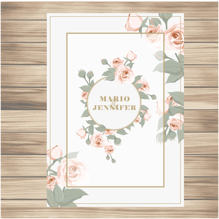 Wedding label pink roses vanilla background. Vector image illustration.のイラスト素材