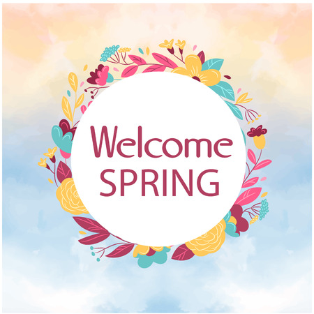 Welcome Spring Floral Circle Watercolor Background Vector Imageのイラスト素材
