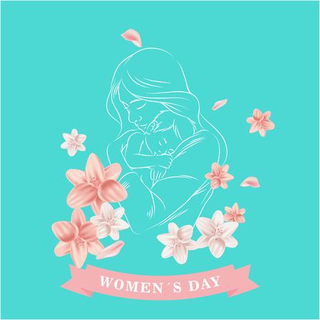 Womens Day Ribbon Mom Son Flower Green Background Vector Imageのイラスト素材