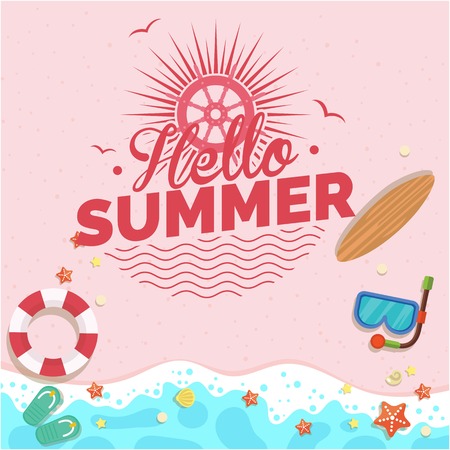 Hello Summer with Beach and Pink Background Vector Imageのイラスト素材