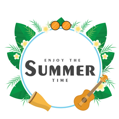 Enjoy The Summer Time Guitar Leaves Circle Frame Background Vector Imageのイラスト素材