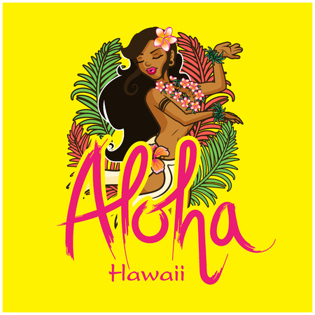 Aloha Hawaii lettering with girl dancing on a yellow backgroundのイラスト素材