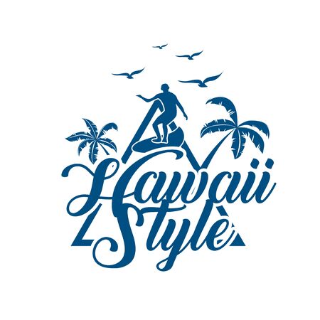 Hawaii style letterring with a person surfing, birds and palm treesのイラスト素材