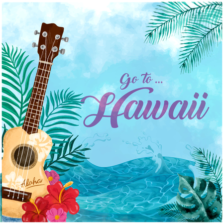 Go To Hawaii poster with a guitar, leaves, flowers and the oceanのイラスト素材
