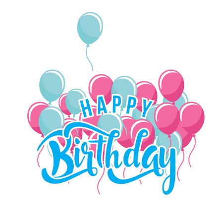 Happy Birthday with Blue and Pink Balloon on White Background Vector Imageのイラスト素材