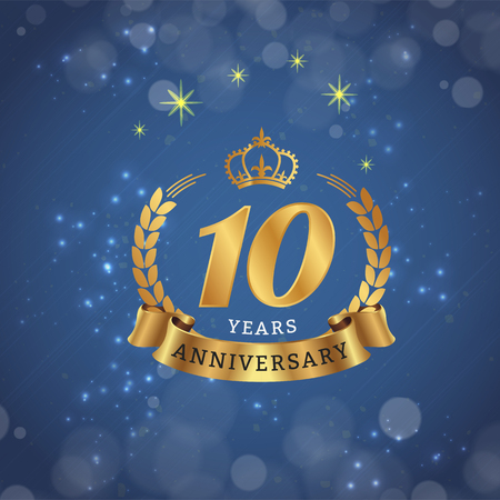 10 Years Anniversary card with Gold Ribbon and Crown Star on Blue Backgroundのイラスト素材