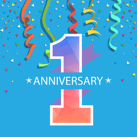 1 Year Anniversary poster with Colorful Ribbon on Blue Backgroundのイラスト素材