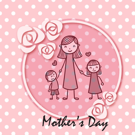 Mother's Day Mom Daughter And Son Rose Circle Frame Pink Background Vector Imageのイラスト素材
