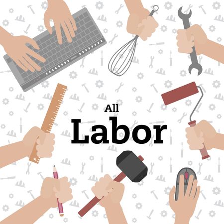 All Labor Hand Holding Equipment White Background Vector Imageのイラスト素材