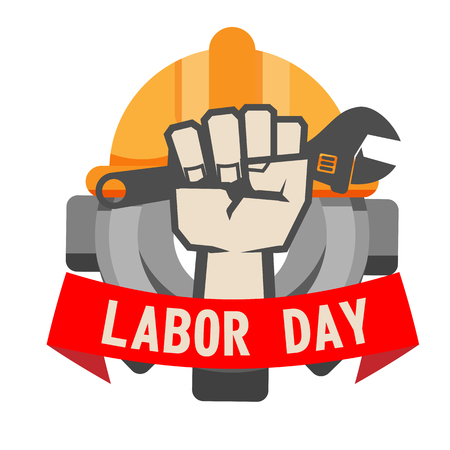 Labor Day Ribbon Hand Holding Wrench Gear Helmet Background Vector Imageのイラスト素材