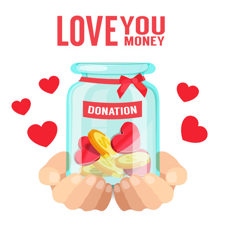 Love You Money Hand Holding Jar With Coin Heart Donation Background Vector Imageのイラスト素材