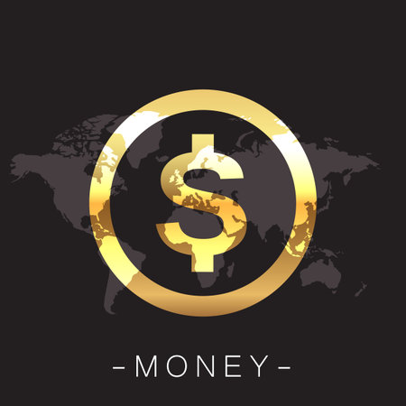 Money Golden Coin World Map Black Background Vector Imageのイラスト素材
