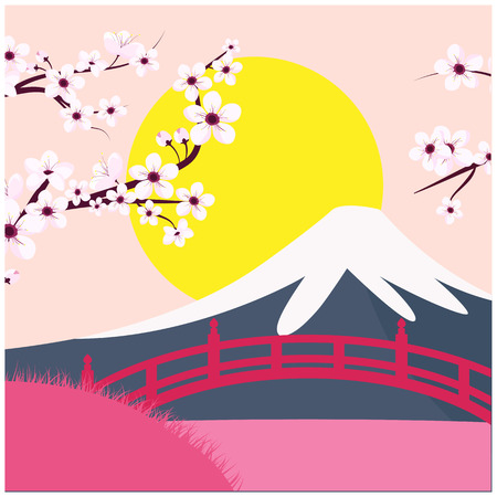 Mountain Fuji  landscape with sakura flowers and bridge design.のイラスト素材
