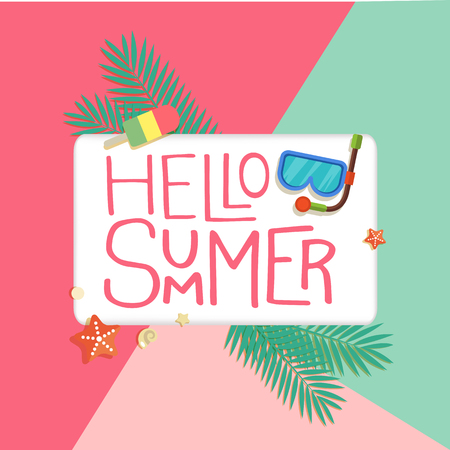 Hello Summer Ice Cream Snorkel Starfish Colorful Background Vector Imageのイラスト素材