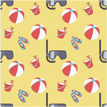 Beach Ball, Snorkel, Bucket and Slippers Pattern on Yellow Background Vector Image