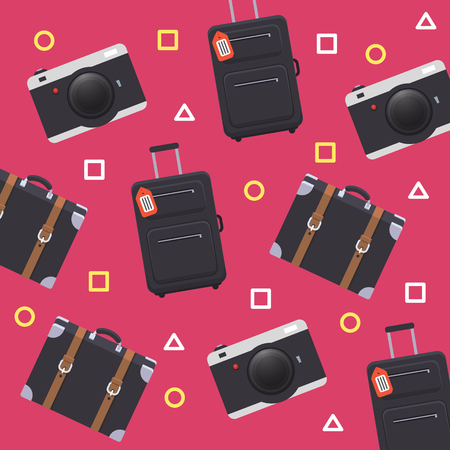 Baggage and Camera Pattern on Pink Background Vector Imageのイラスト素材