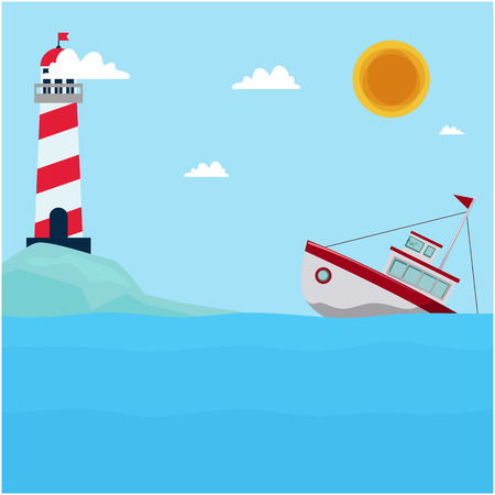 Sea Lighthouse Ship Cloud Sun Blue Background Vector Imageのイラスト素材