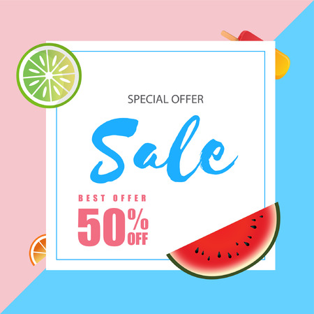 Special Offer Sale Best Offer 50% Off Watermelon And Lemon Backgroundのイラスト素材