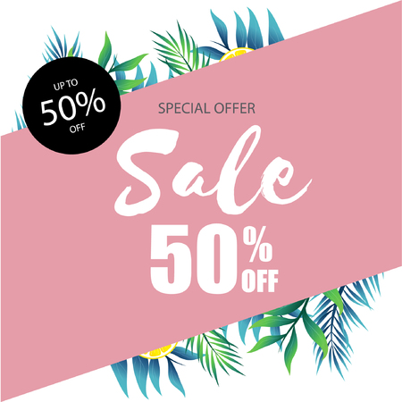 Special Offer Sale 50% Off Jungle Leaf Pink Backgroundのイラスト素材