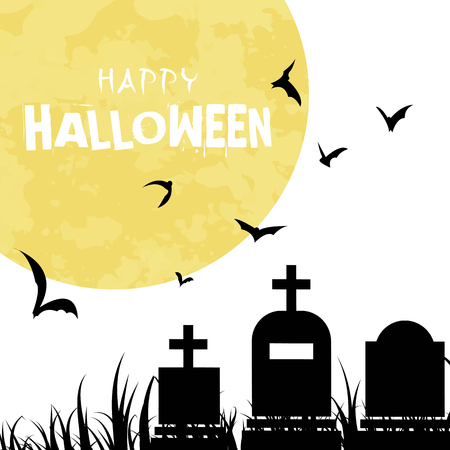 Happy Halloween Bats Grave Full Moon Background Vector Imageのイラスト素材