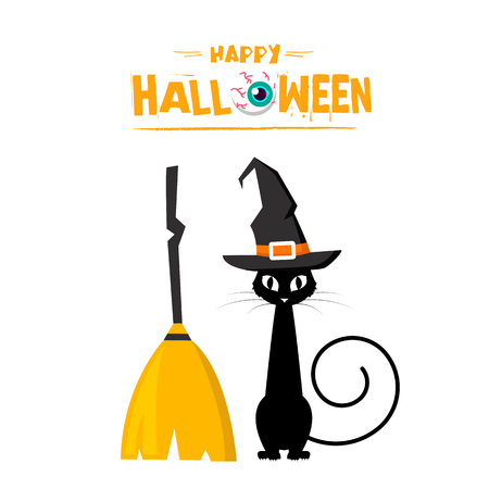 Happy Halloween Cat Witch Broom Background Vector Imageのイラスト素材