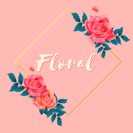Floral Roses Square Frame Pink Background Vector Imageのイラスト素材
