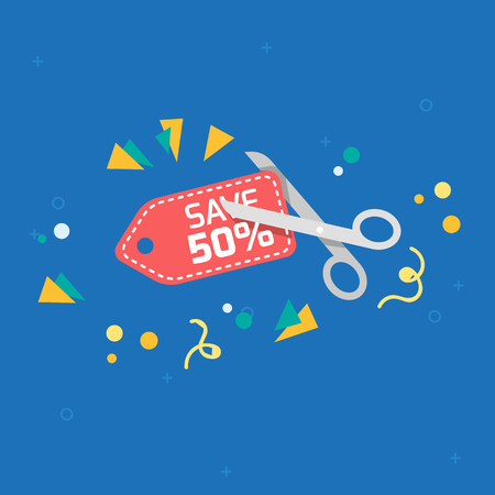 Save 50% Scissors Cutting Red Tag Blue Background Vector Imageのイラスト素材