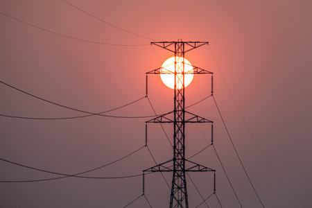 Beautiful sunset and electric pole.の写真素材