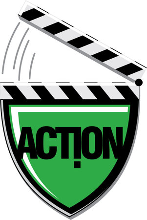 Action camera protection concept. Cinema Clapboard. Shield Isolated on white. Film industry emblem. Vector illustrationのイラスト素材