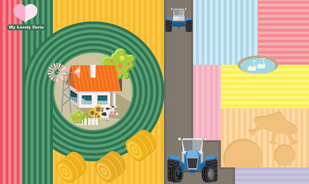Farmland. Farming business. Farmer`s house and tractors. Agriculture industry infographic design.のイラスト素材