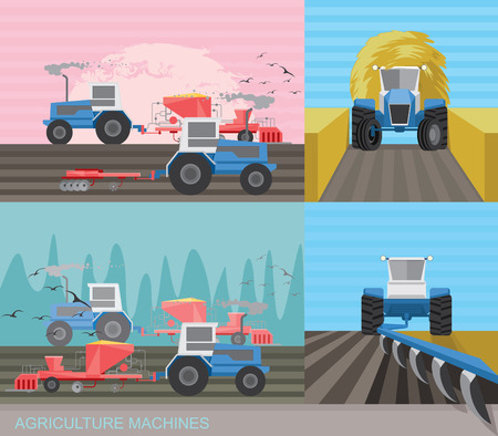 Tractors in the field. Seasonal works plowing and sowing on farmland.のイラスト素材