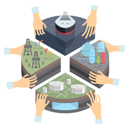 Investments in the oil sectors of the economy. Production, distribution, refining, and retailing of petroleum. Investors support Petroleum industry. Vector illustrationのイラスト素材