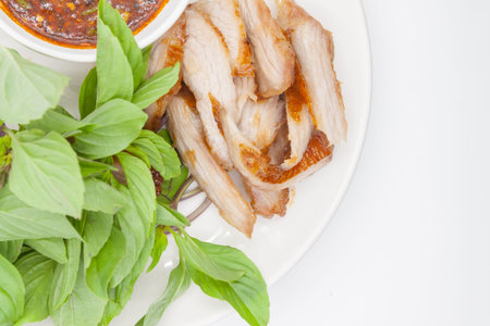 Grilled pork, And Common Basil Thai style food.