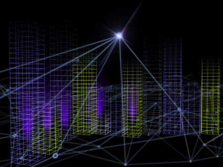 3D blockchain cityscape ,concept city network