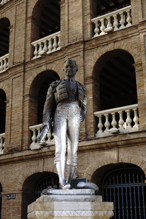 Statue in front of bullfight arena Valencia, Spainのeditorial素材