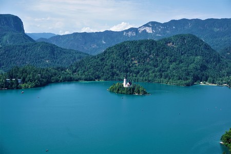 Lake Bled, Slovenia, island with church in front of hillsの写真素材
