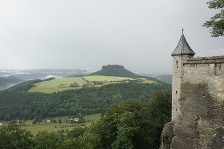 Dramatic view from Konigstein fortress to the Lilienstein mountain in Saxon Switzerlandのeditorial素材