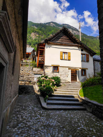 Tranquil backyard in the town of Sonogno, Ticino, Switzerlandの写真素材