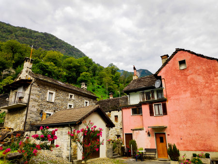The beautiful main square in Lodano, Valle Maggia, Switzerland