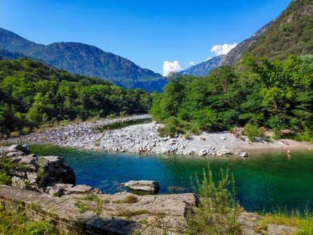 Maggia river between Ponte Brolla and Avegno-Gordevio, Ticino, Switzerlandの写真素材
