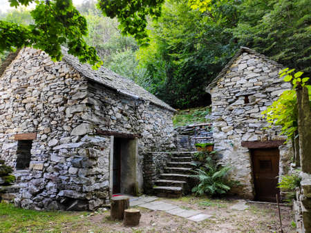 Group of houses in Dunzio, Vallemaggia, Ticino, Switzerlandの写真素材